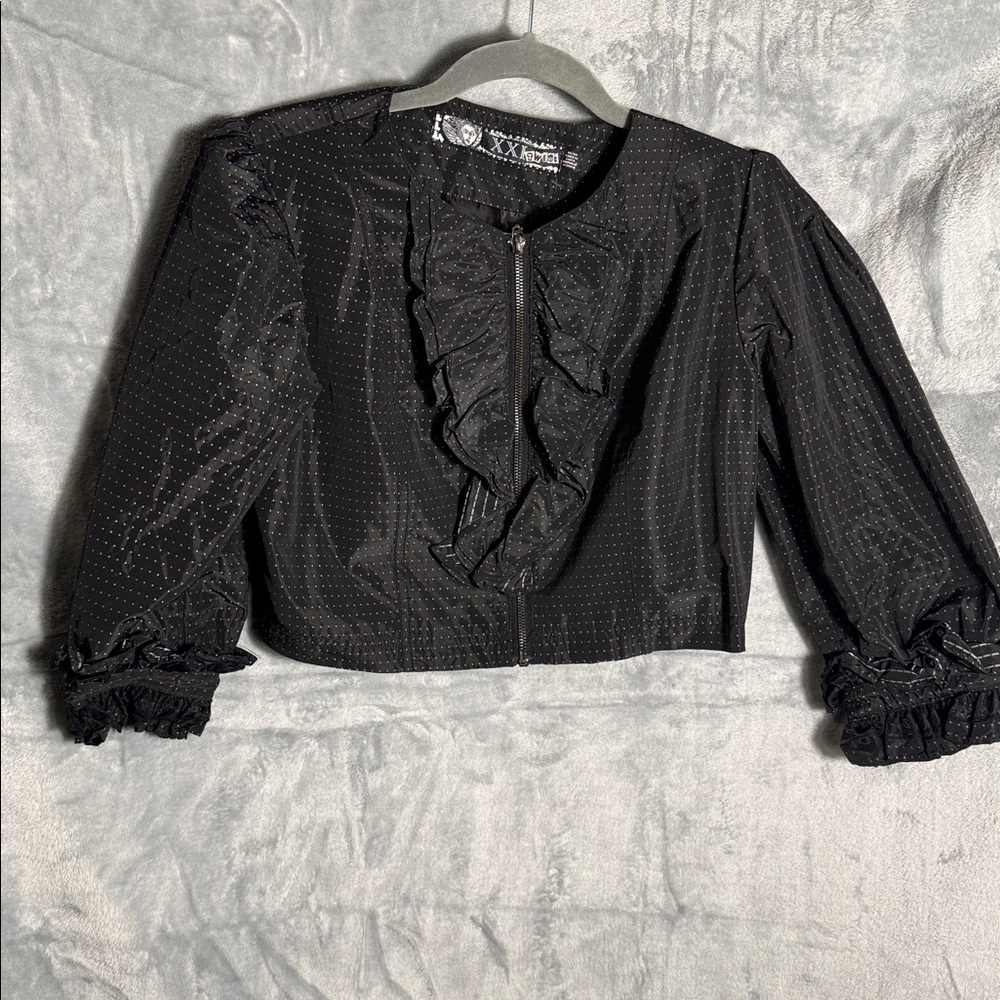 XXI Twist jacket cropped black Polka Dot womens M ruffle details whimsy goth